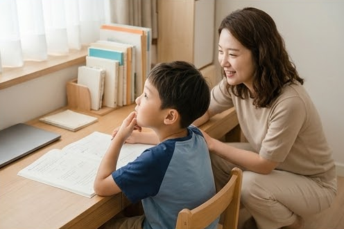 숙제하는 아들 곁에서 미소 짓는 엄마