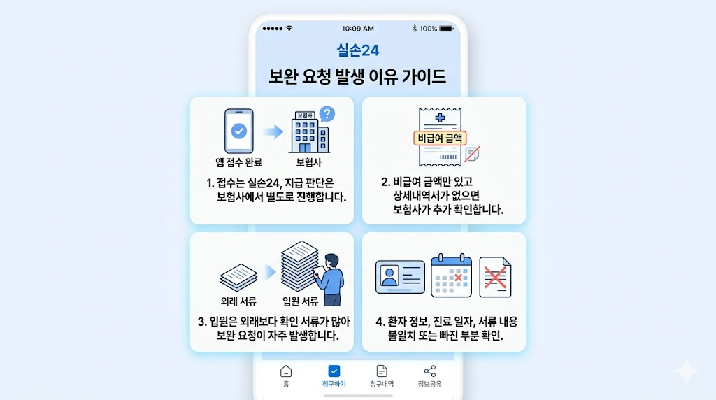 실손 24 보완 요청 이유를 인포그래픽으로 다룬 가이드 이미지
