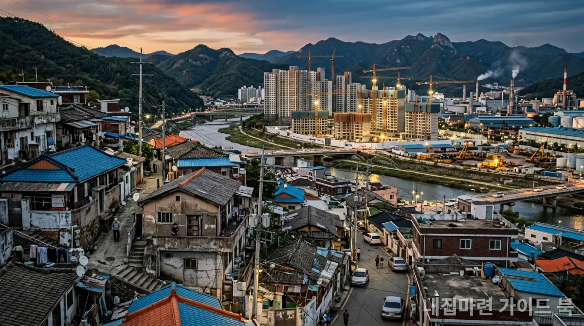 지방 도시의 개발 현장과 주택가 풍경