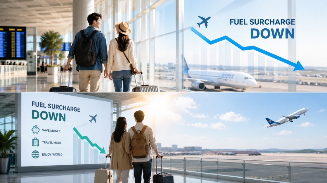 현대적인 국제공항 출국장과 대형 여객기가 보이는 밝은 분위기에 캐리어를 든 여행객 커플이 출국을 준비하고 있는 그림