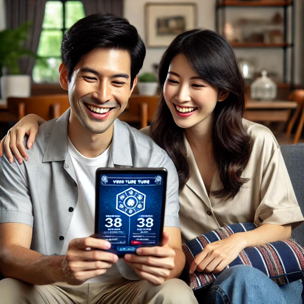 30대 중반의 한국 부부가 집 소파에 앉아 태블릿으로 현대적인 운세 앱을 보며 미소를 지으며 즐겁게 대화를 나누는 모습, 아늑한 거실 배경