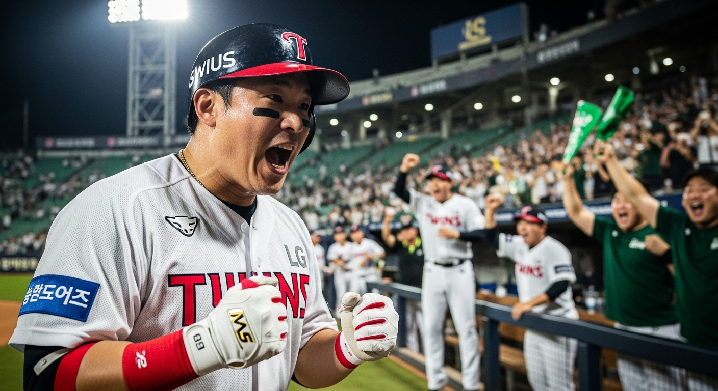 2025년 한국시리즈 4차전, LG 트윈스 선수가 9회초 역전타를 치고 주먹을 불끈 쥐며 환호하는 모습. 그의 얼굴에는 강렬한 투지와 기쁨이 서려 있다.