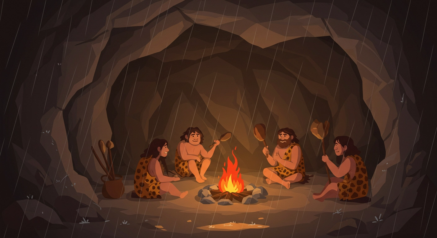 오래전 인류가 비오는 날 동굴에서 지내는 모습