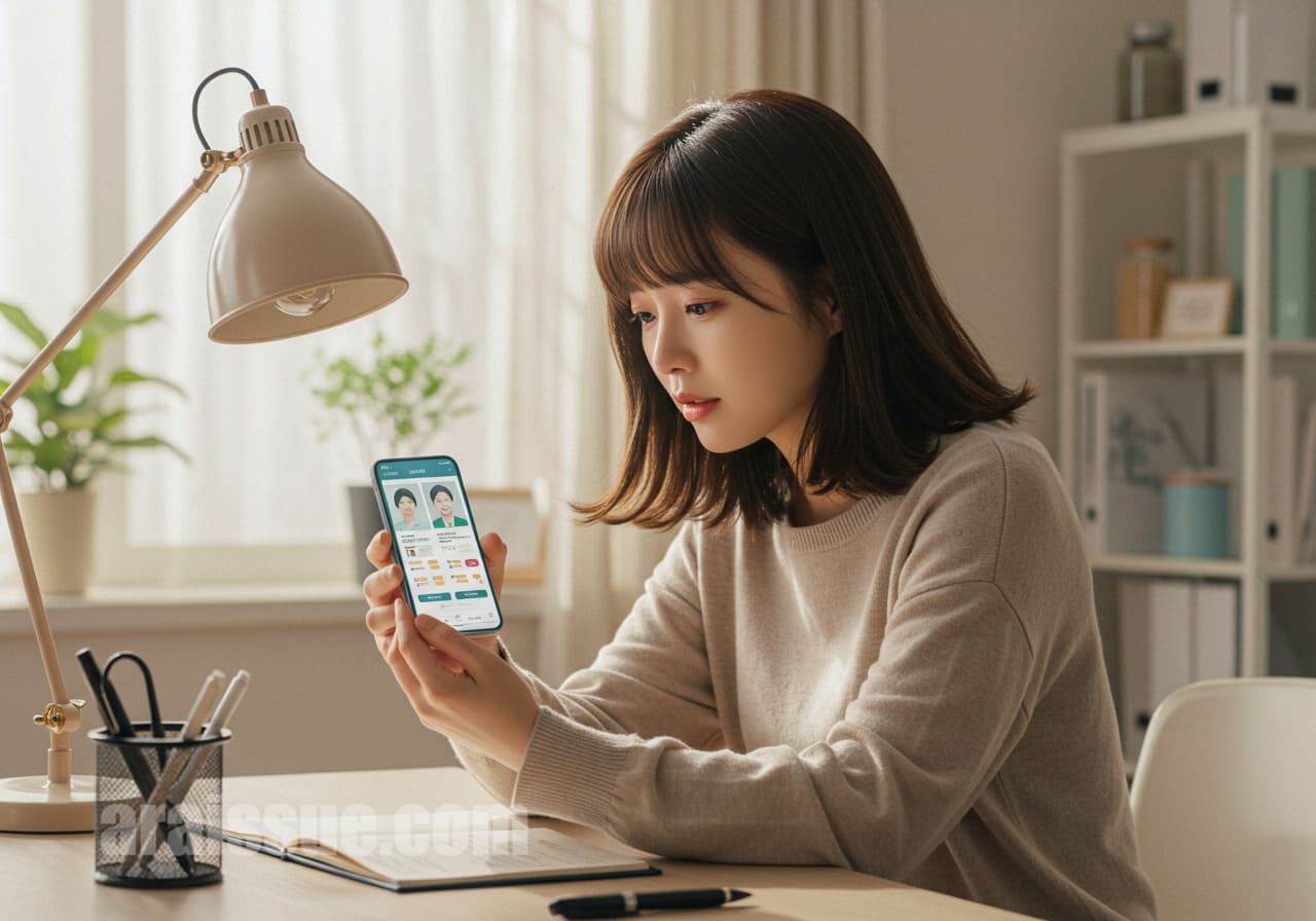 40대 한국 여성이 스마트폰 앱으로 만성질환 관리 지원 혜택을 확인하며 안도하는 모습이 담긴 세미 리얼 일러스트입니다.