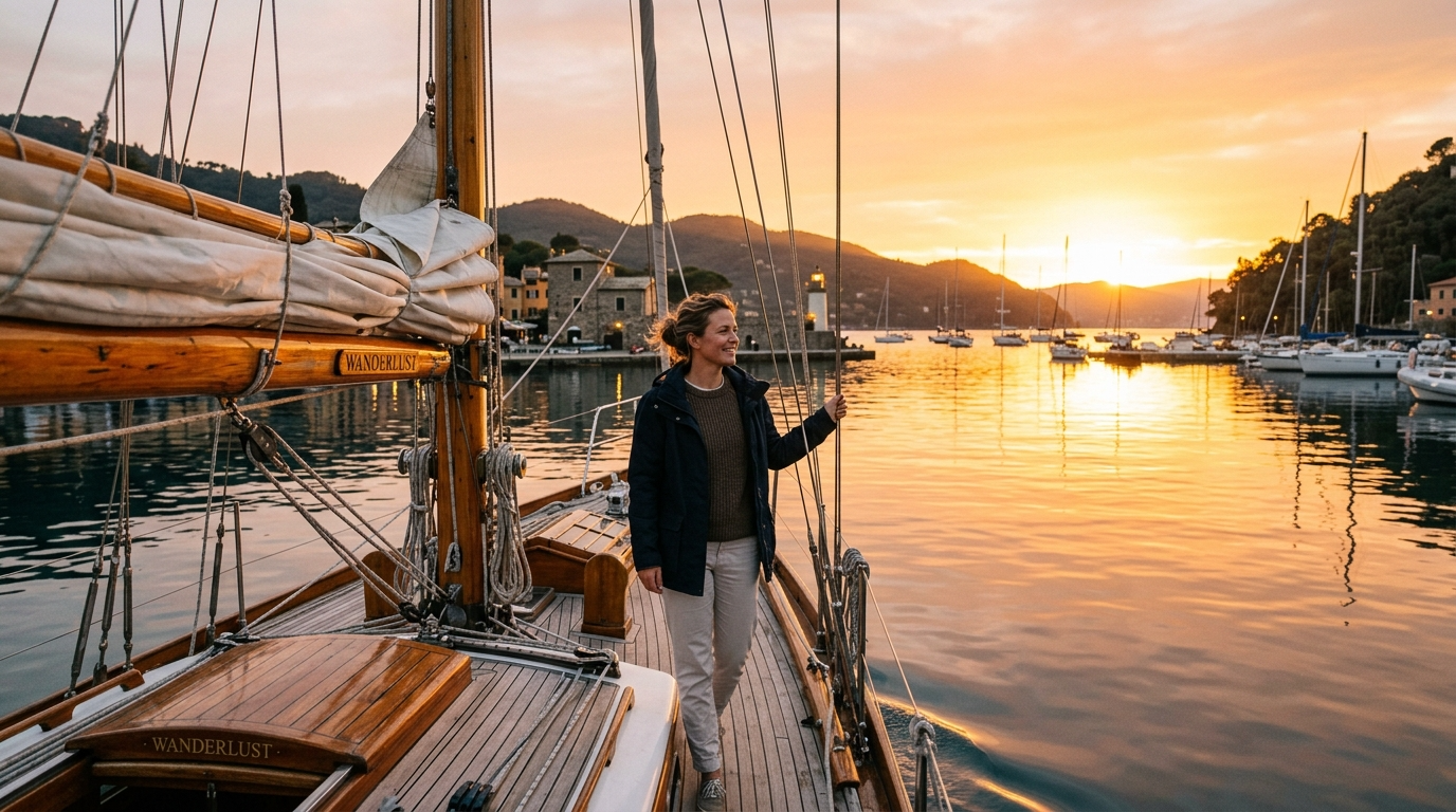 거친 파도를 넘어 평온한 은퇴의 항구에 도착해 여유롭게 일몰을 감상하는 투자자의 뒷모습