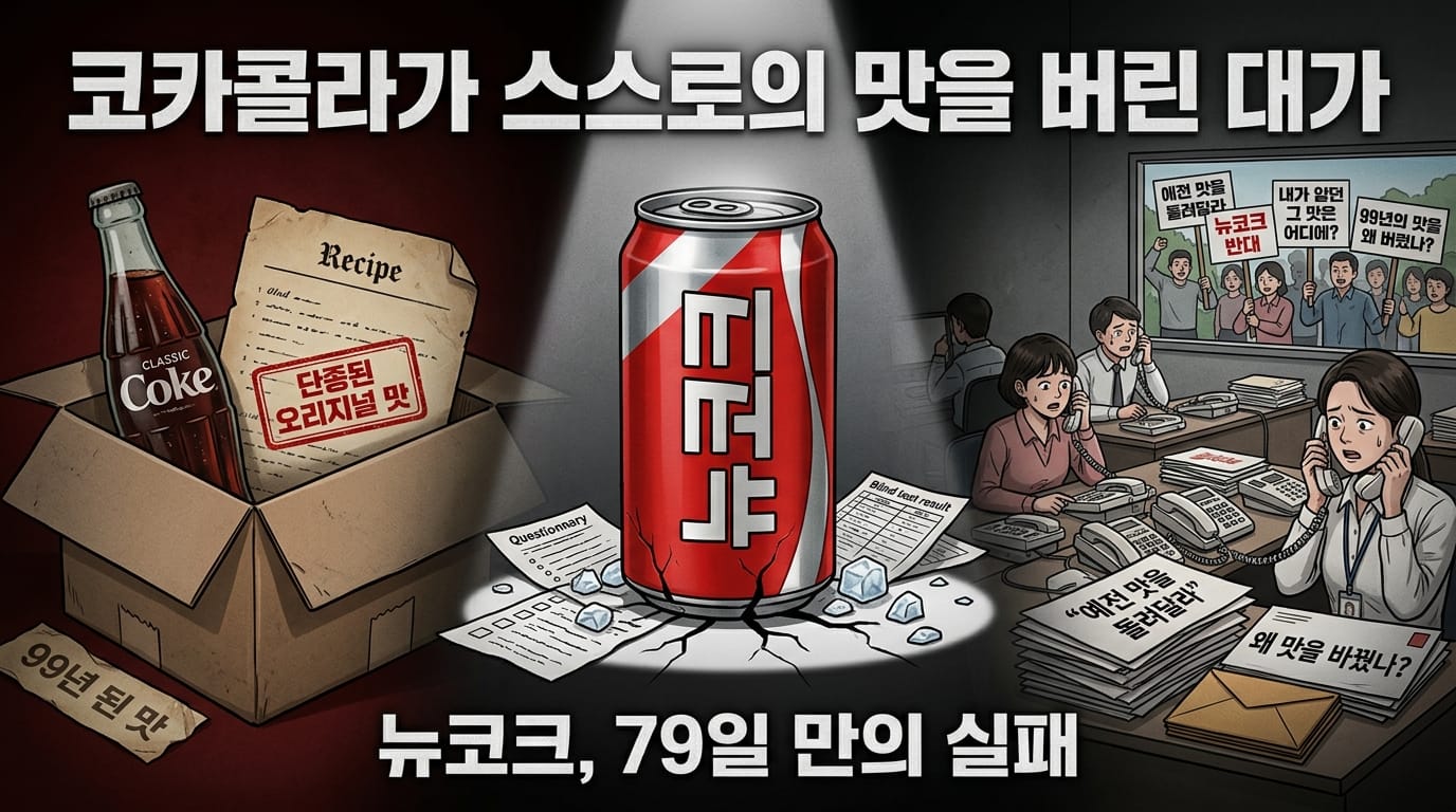 985년 뉴코크 사건을 상징하는 클래식 콜라병과 새 콜라 캔, 항의 전화와 편지를 함께 보여주는 이미지