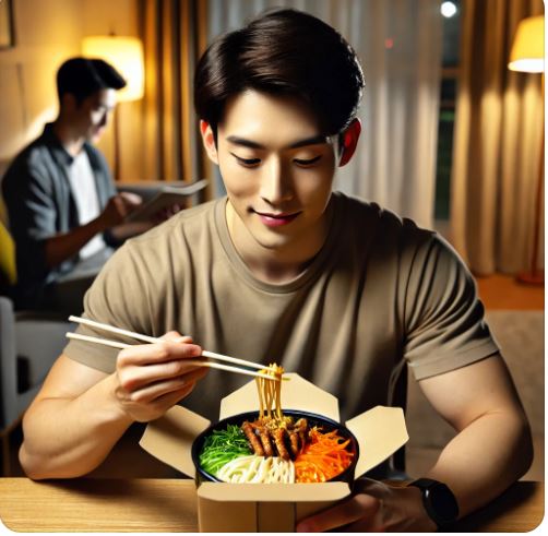 배달음식을 먹고 있는 남성의 사진