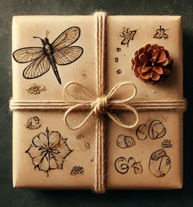 나비 솔방울 그리고 그림이 그려져있는 선물 박스