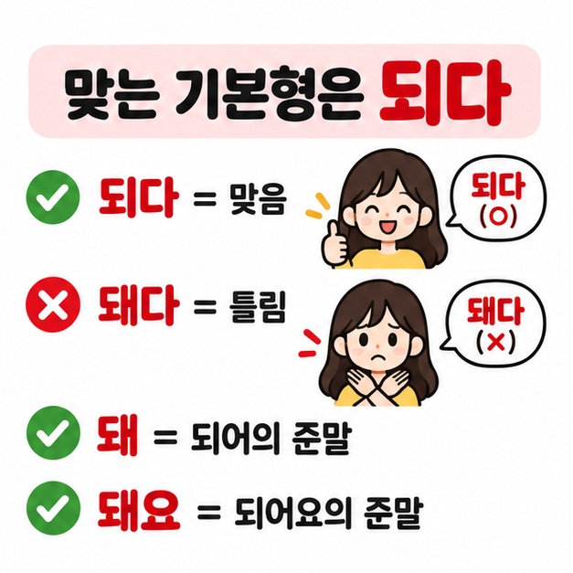 되다는 기본형이고 돼다는 틀린 표현이며 돼는 되어의 준말이라는 내용을 보여주는 카드