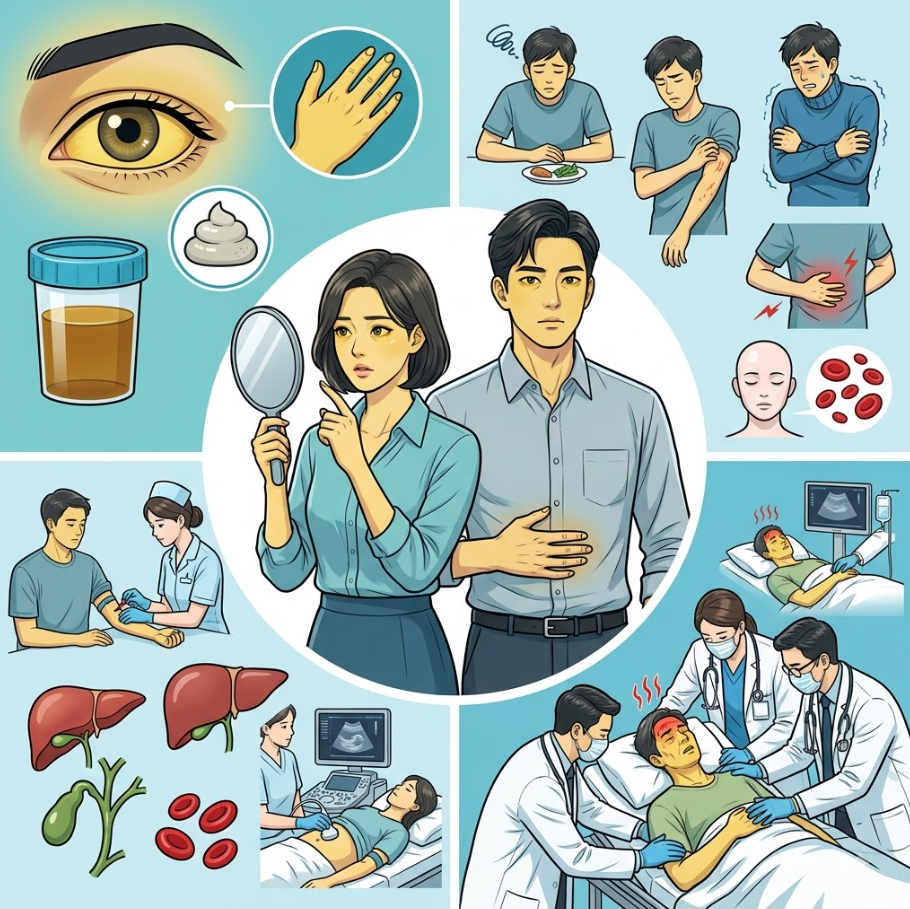 황달의 증상 관찰, 동반 증상별 원인 단서, 주요 검사, 응급 진료 상황 등 핵심 내용을 종합 정리한 4분면 형태의 대표 메디컬 일러스트