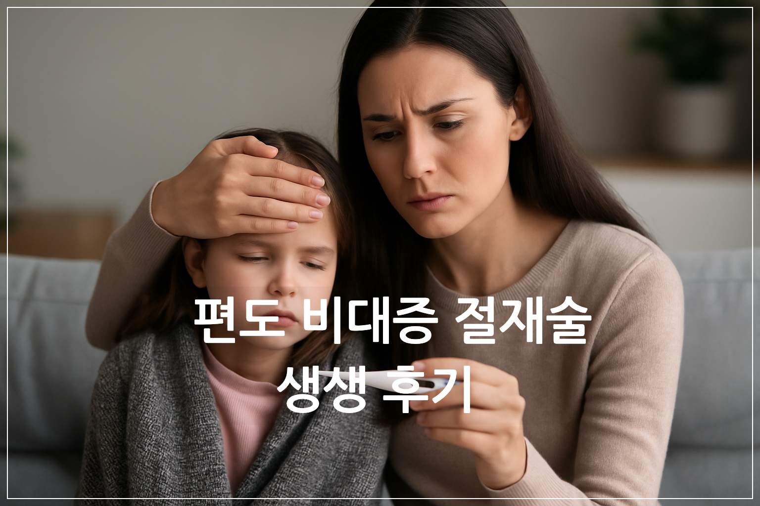 목감기에 걸린 아이의 열을 재보는 엄마