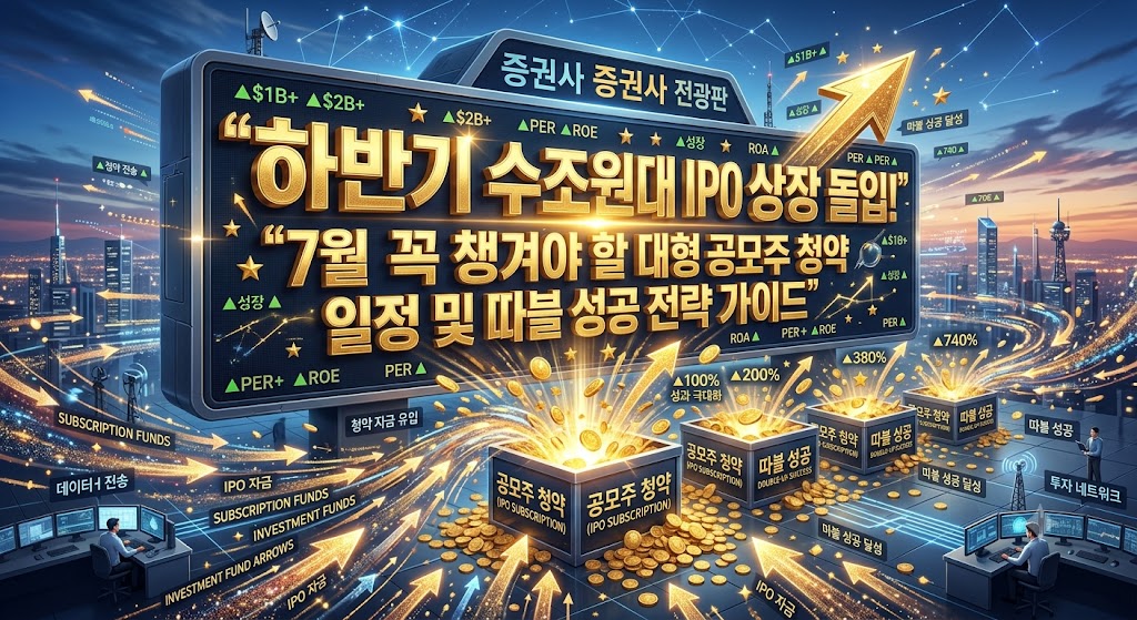 대형 증권사 전광판 위에 웅장한 황금색 입체 텍스트로 "하반기 수조원대 IPO 대어 상장 돌입! 7월 꼭 챙겨야 할 대형 공모주 청약 일정 및 따블 성공 전략 가이드" 자막이 선명하게 박혀 있고, 그 주위로 수많은 투자 자금 화살표가 공모주 청약함을 향해 쏟아져 들어가는 3D 테크니컬 그래픽 이미지.