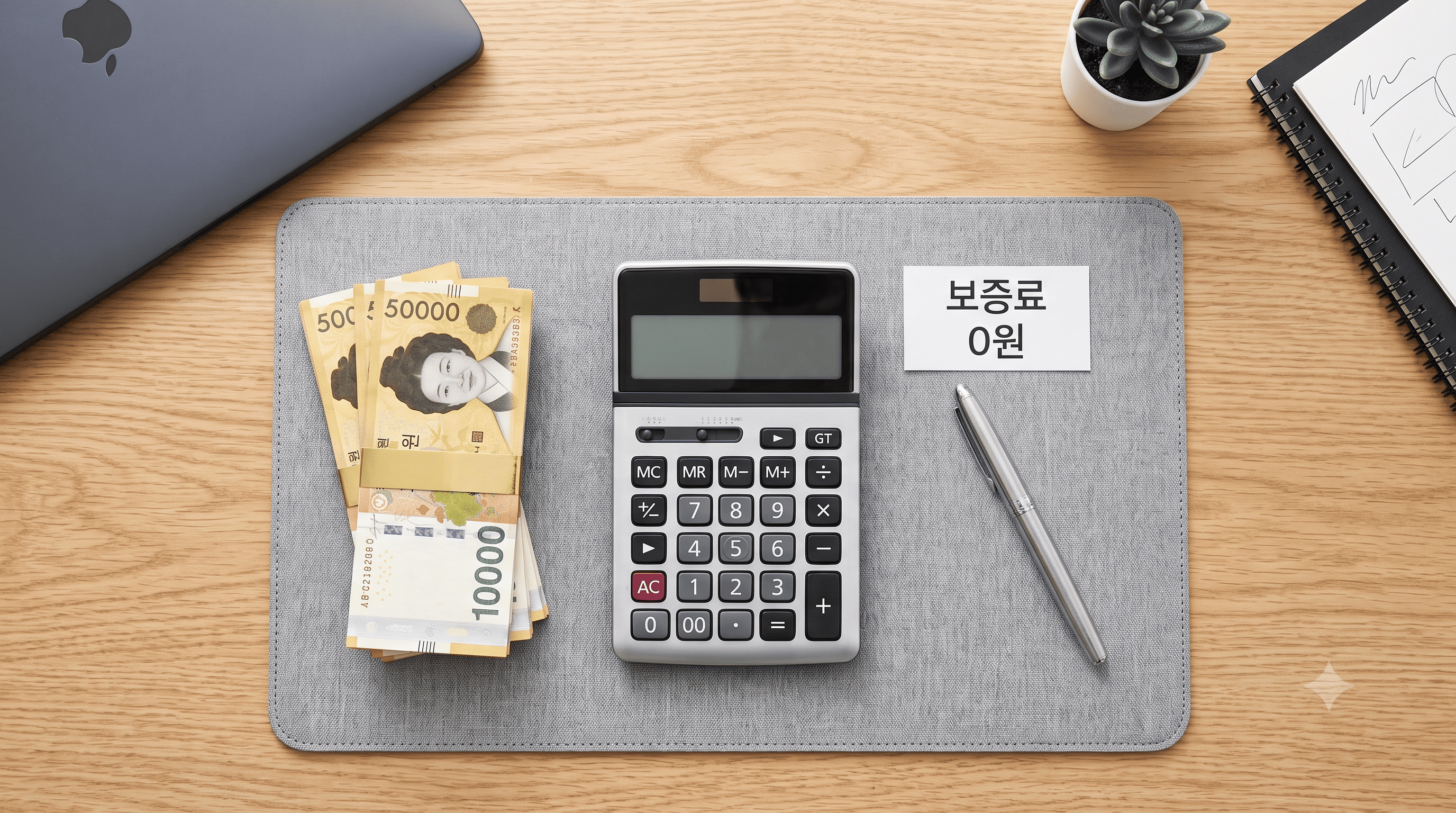 계산기에 수수료 0원이 표시된 모습과 지폐 다발, 보증료 면제 상징