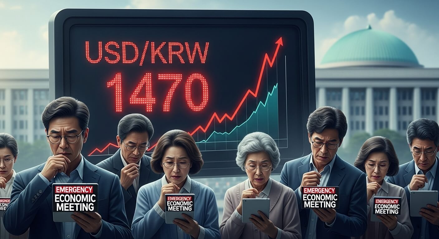 치솟는 원달러 환율 1470원대와 정부 긴급회의 소식에 불안해하는 시민들의 모습.