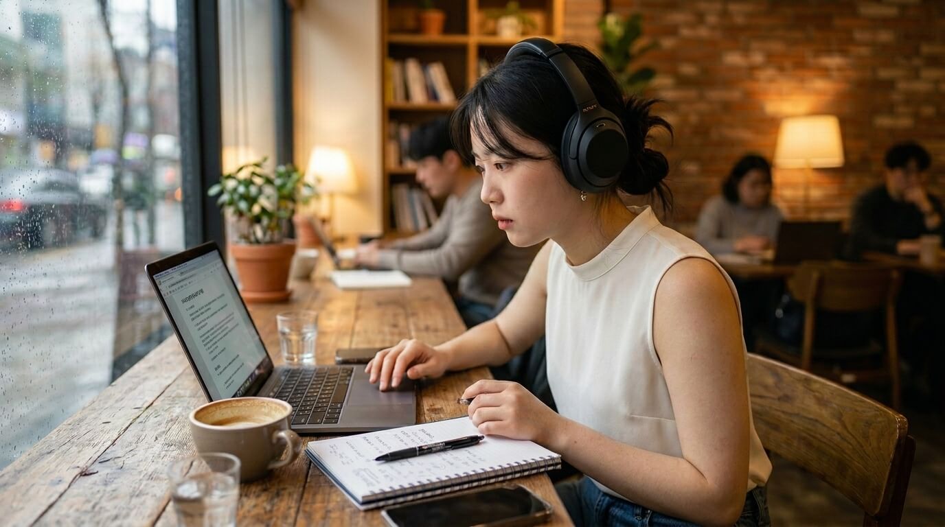 헤드폰을 착용하고 카페에서 집중하며 공부하는 사람