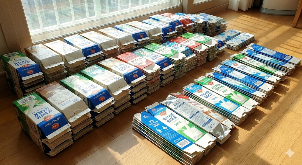 2026년 우유팩 교환 사업 참여를 위해 깨끗하게 손질하여 햇볕에 말리는 종이팩 재활용 이미지