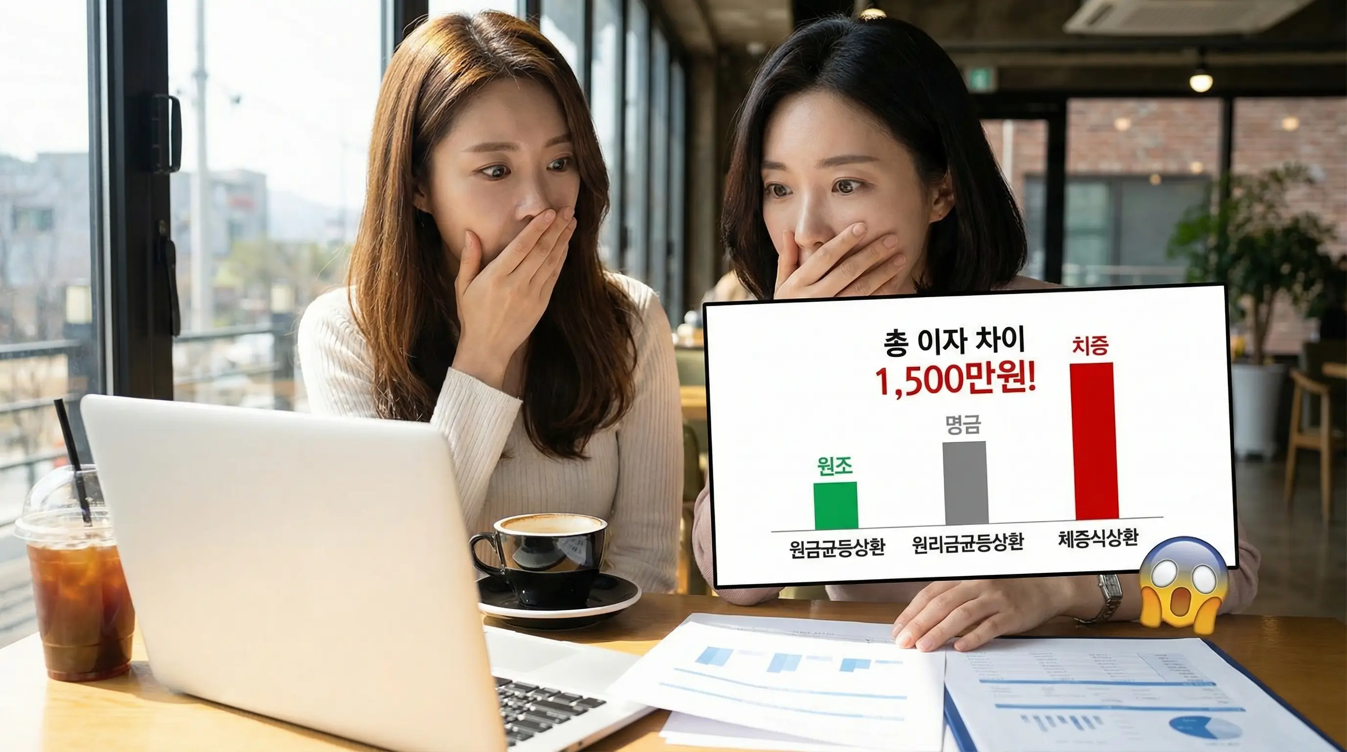 대출 상환 방식에 따라 달라지는 총 이자 금액을 비교하고 놀라는 금융 소비자의 모습