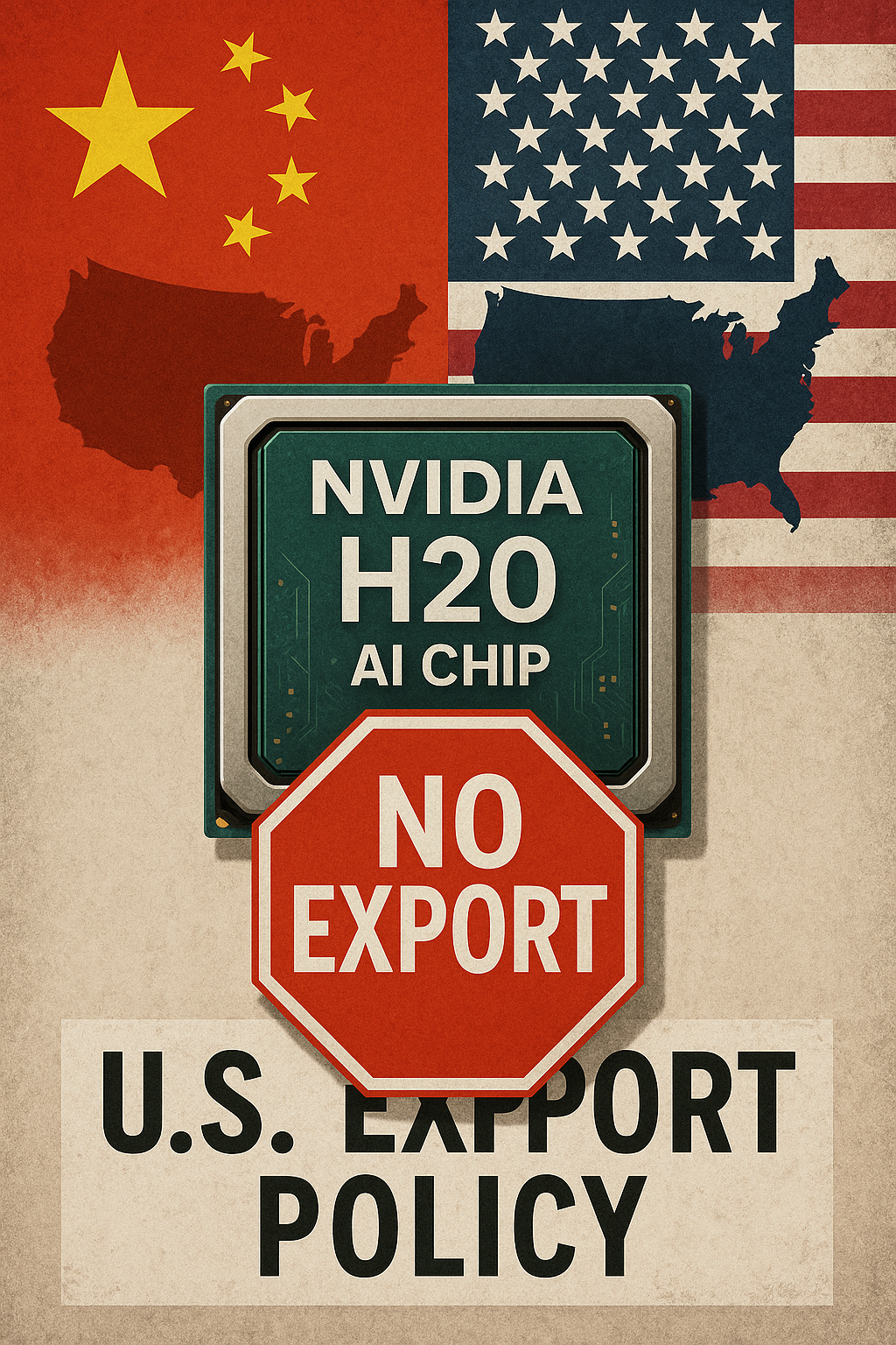 “미국과 중국 국기를 배경으로, 엔비디아의 H20 AI 칩이 ‘NO EXPORT’ 표지판에 의해 차단된 모습. 미국의 수출 정책에 따라 중국 수출이 금지된 상황을 상징적으로 표현한 이미지.”