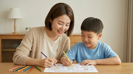 아이와 함께 그림으로 아침표를 그리는 모습