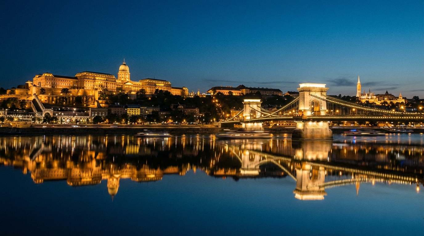 부다페스트 도나우강 야경과 세체니 다리 건너편 부다 왕궁 전경