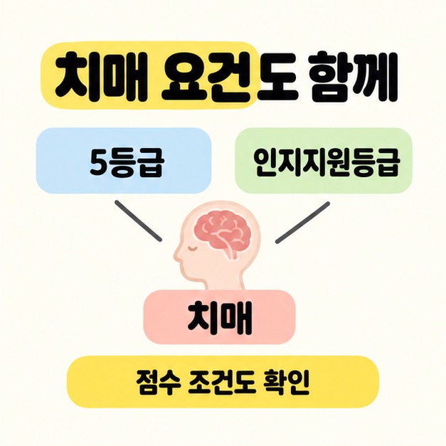 5등급과 인지지원등급에서 치매를 나타내는 머리 삽화로 연결선을 잇고 점수 조건도 확인해야 한다고 안내한 이미지