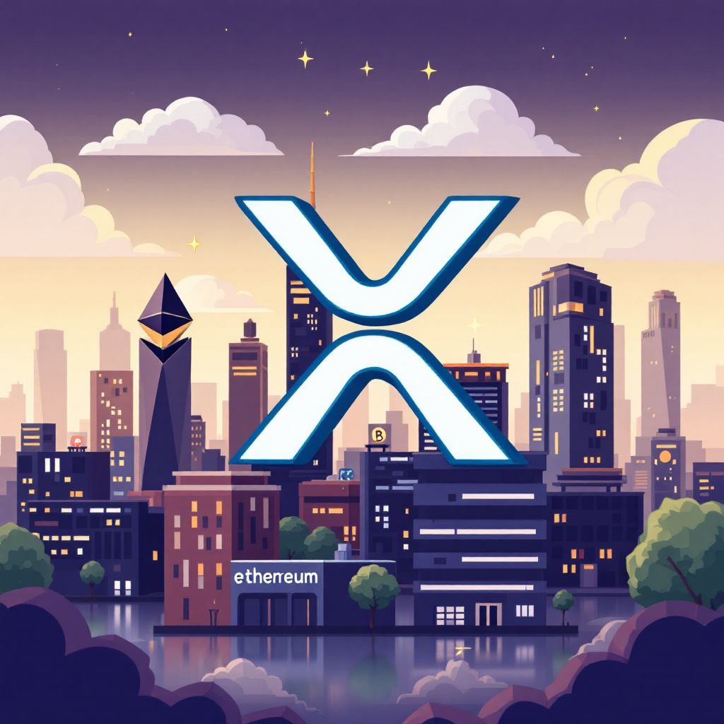 블록체인 생태계 도시 속 XRP 로고가 중심에 있는 디지털 자산 일러스트