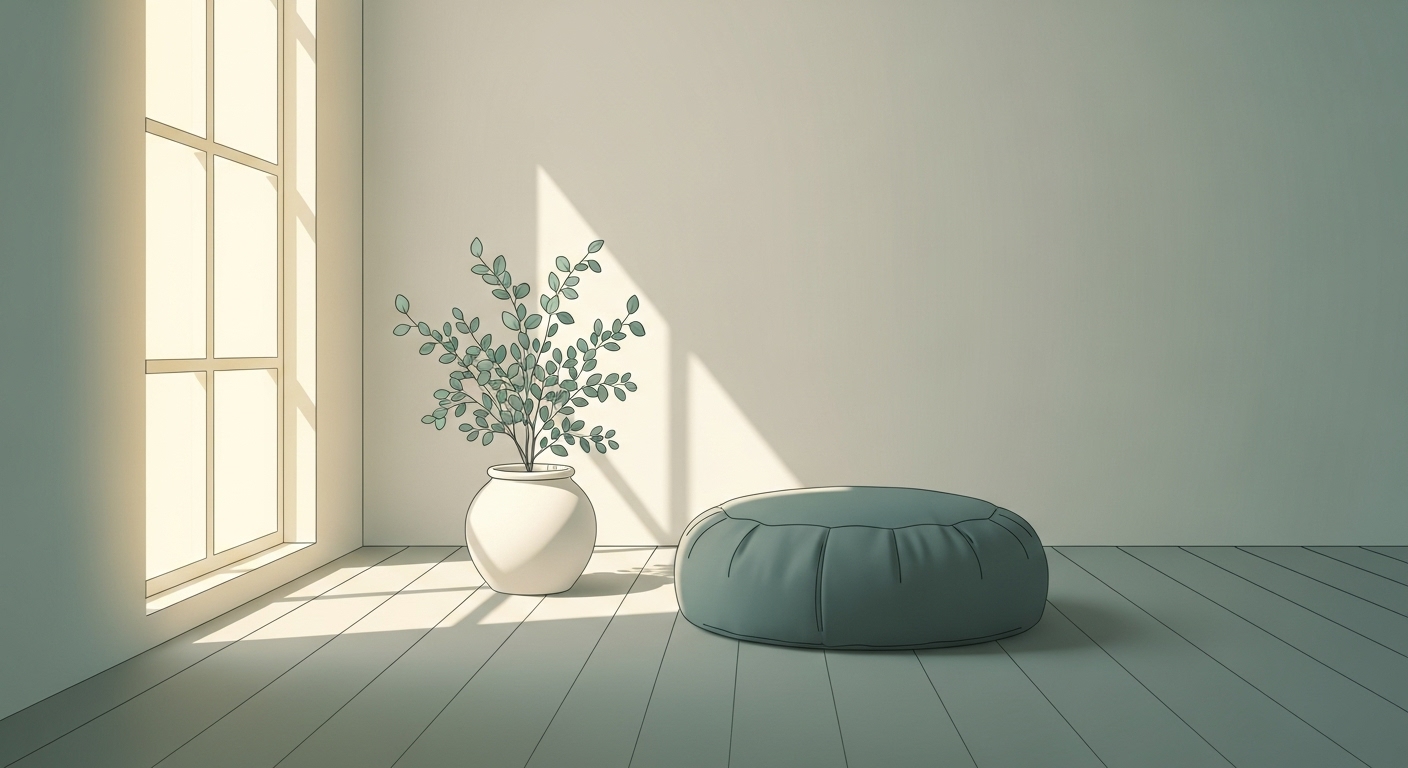 명상을 위한 조용하고 편안한 공간을 묘사한 그림. 창문에서 부드러운 빛이 들어오고 방석과 작은 식물이 평화롭게 놓여있다.