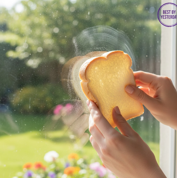 유통기한이 지난 식빵으로 유리빵을 닦는 사진