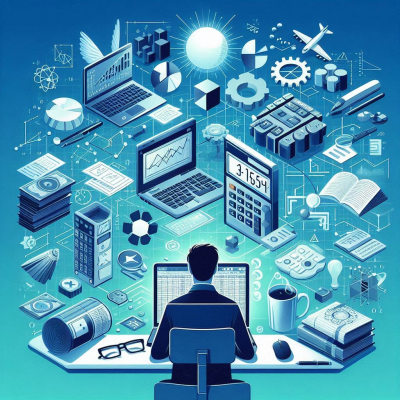 고급 분석 작업을 수행하는 사람과 다양한 디지털 도구들이 함께 있는 이미지입니다.