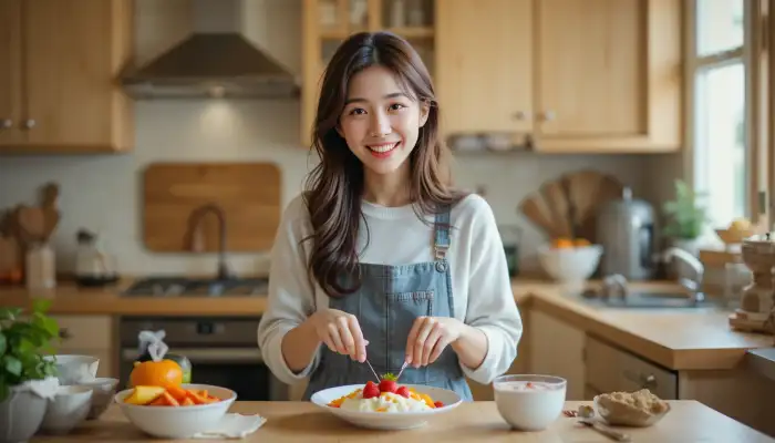 집에서 쉽게 만드는 디저트를 준비하는 여성