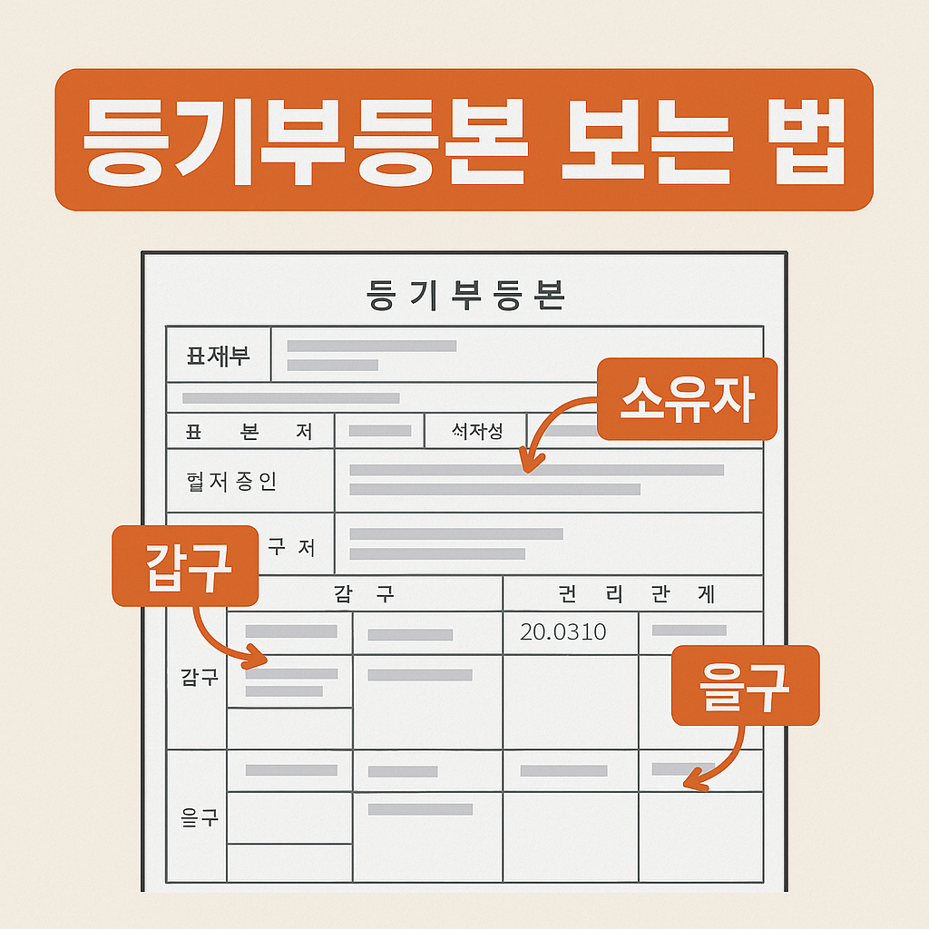 등기부등본 보는법 문구와 가상 등기부등본 이미지