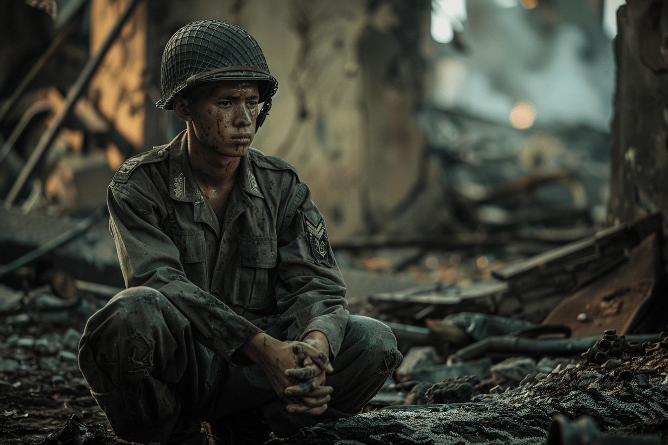 폐허가-된-전쟁터에-앉아-기도하는-군인