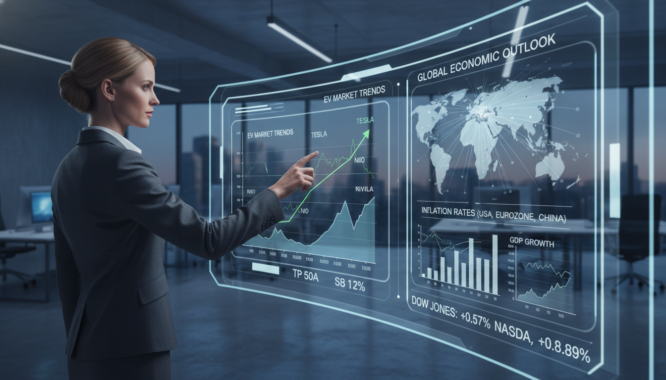 현대적인 사무실에서 2026년 전기차 시장 동향과 주가 차트를 분석하고 있는 경제 전문가의 모습