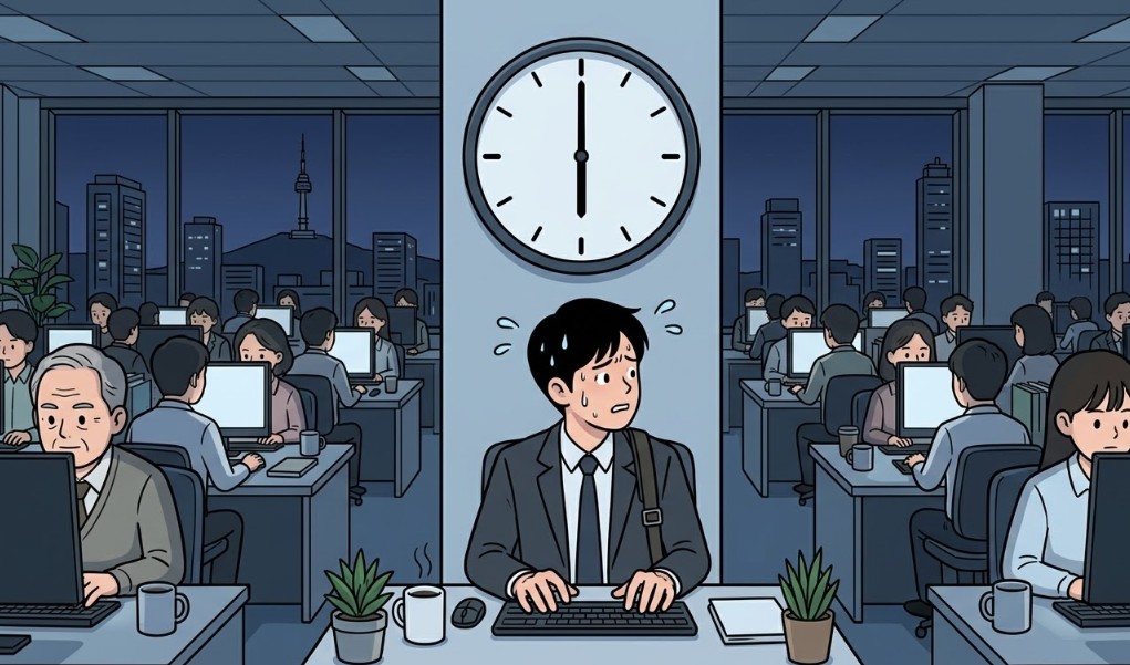 사무실 시계는 오후 6시를 가리키고 있지만, 아무도 퇴근하지 않고 멍하니 모니터만 바라보는 직원들 속에서, 한 신입직원이 속으로 집에 가고 싶다고 울부짖으면서도 주변 눈치를 보며 억지로 타자를 치는 척하는 장면