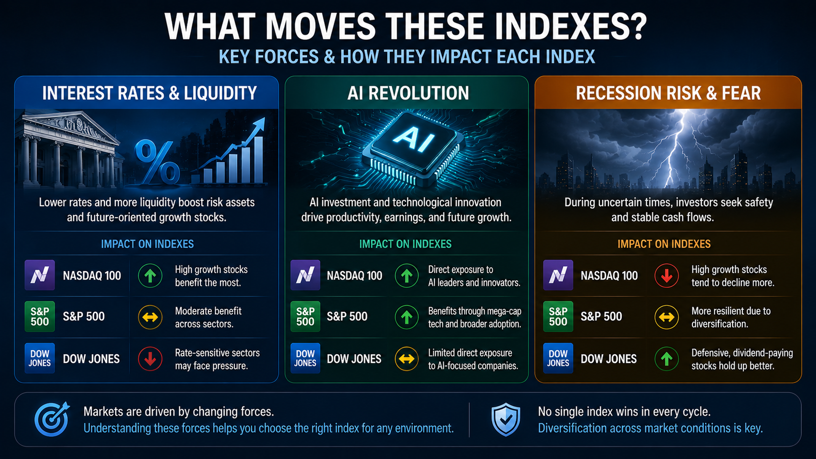 Market forces infographic showing how interest rates, AI growth, and recession risks affect Nasdaq 100, S&P 500, and Dow Jones