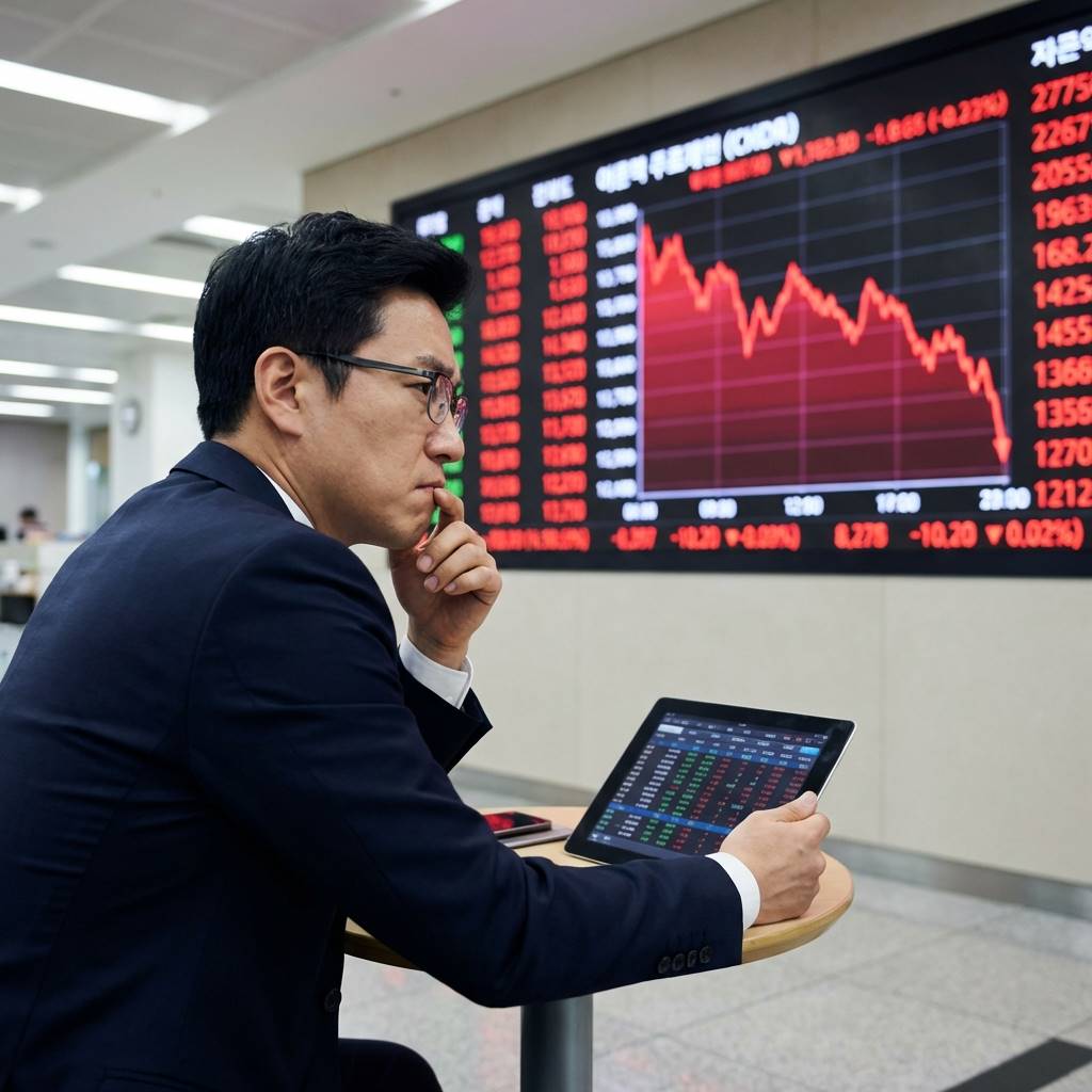 하락하는 붉은색 주가 그래프 전광판 앞에서 태블릿 피시를 보며 심각하게 고민하는 30대 한국인 남성 투자자의 실사 이미지