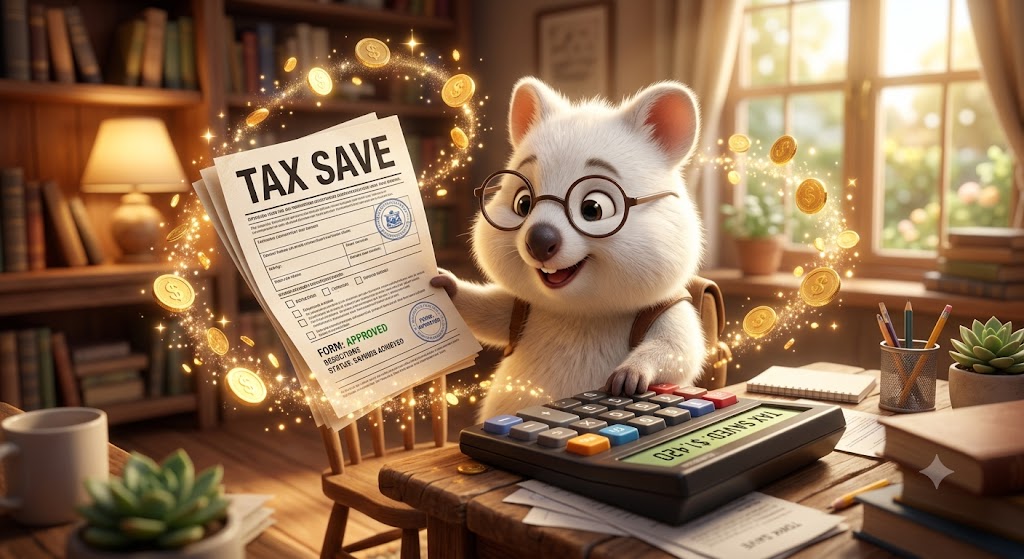 미국 주식 양도소득세 절세 매도를 뜻하는 택스 세이브(TAX SAVE) 서류를 들고 계산기를 두드리며 미소 짓는 똑똑한 백쿼카