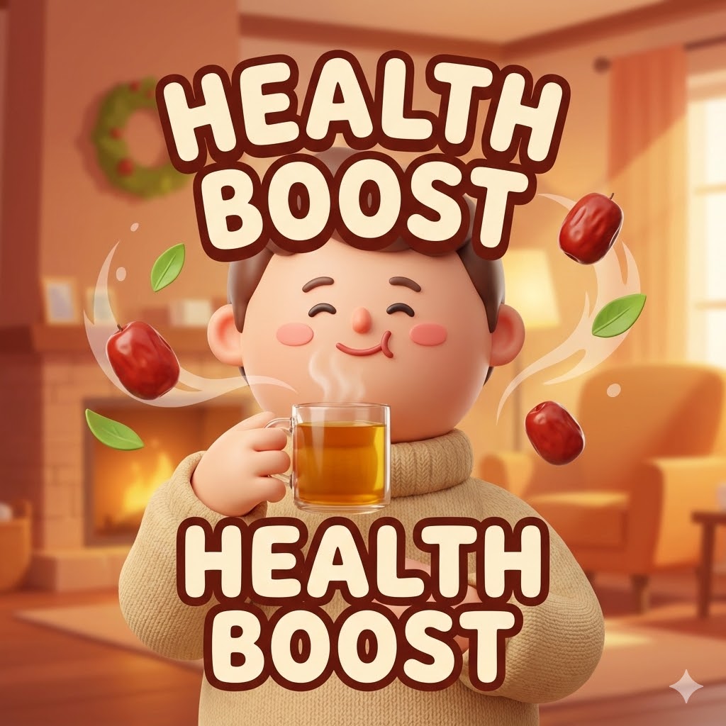 웃는 캐릭터가 따뜻한 대추차를 마시며 편안해 보이는 3D 카툰 일러스트. 주변에 대추 열매가 떠다니며 건강한 기운을 나타냄. 'HEALTH BOOST' 문구가 강조된 건강 음료 대추차 이미지.