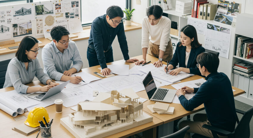 건축설계 관련 회의가 진행 중인 사무실