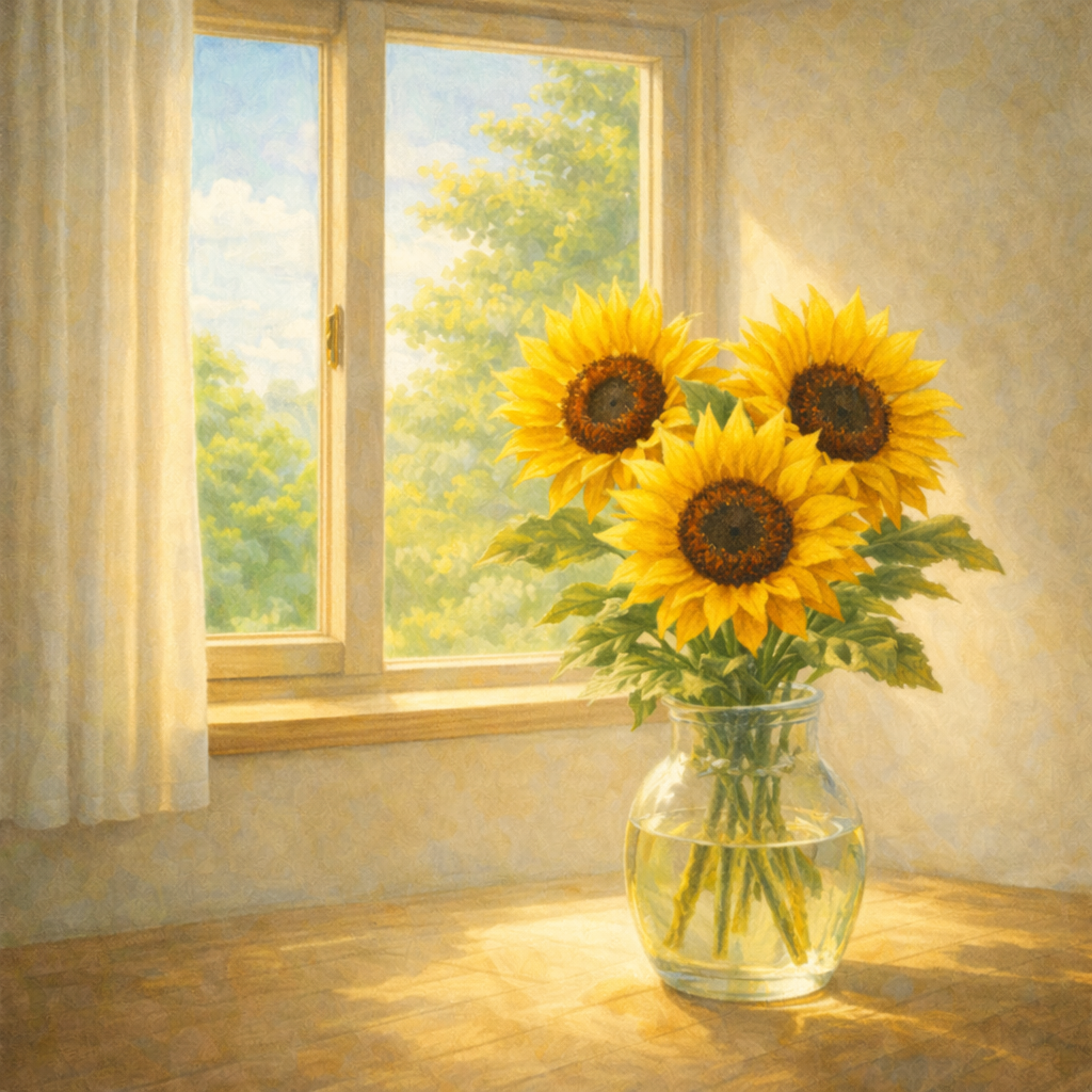 해바라기 화병과 창문으로 들어오는 따뜻한 햇빛, 마운자로 이후 회복과 일상으로 돌아가는 시작을 상징하는 이미지
