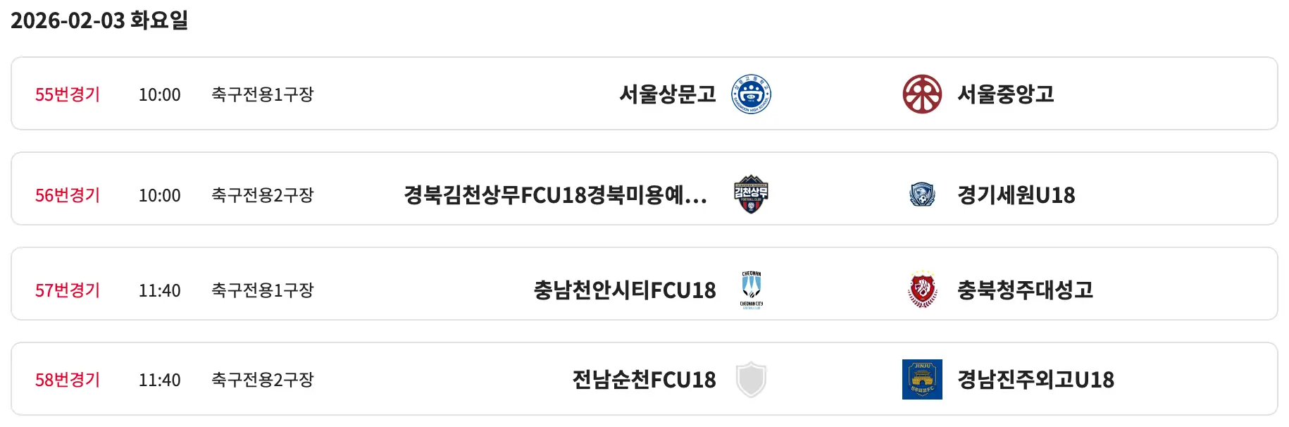 2026 제27회 백운기 전국 고등학교 축구 대회 본선 대진표, 예선 경기 결과, 조별 순위(1월 28일 ~ 2월 11일)