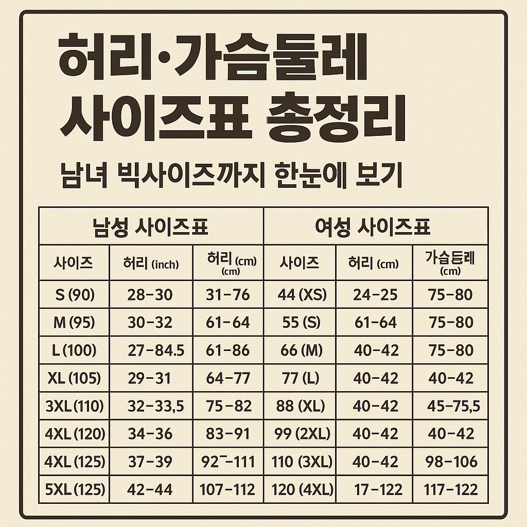 허리,가슴사이즈표총정리