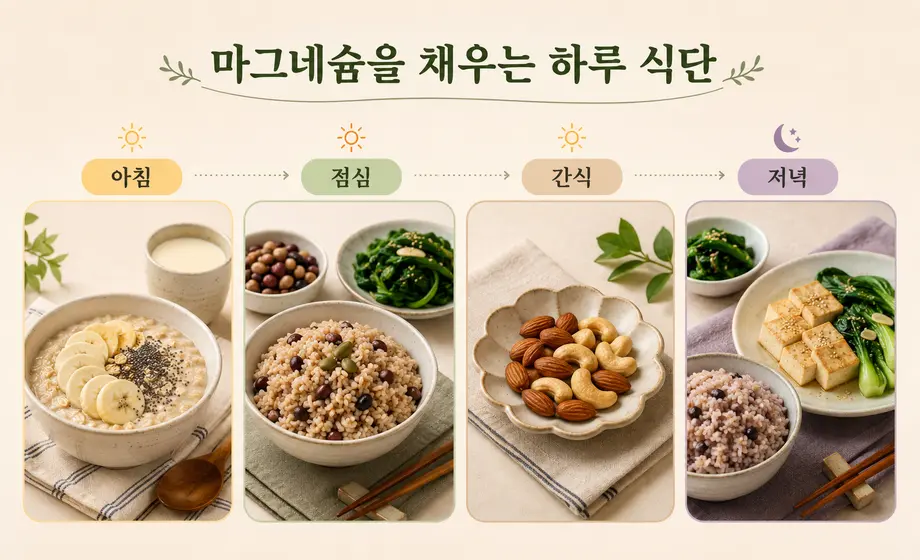 오트밀 콩밥 견과류 두부로 구성한 마그네슘 많은 음식 하루 식단