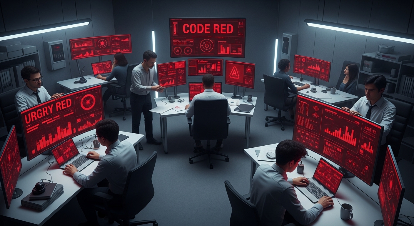 오픈AI 본사에서 '코드 레드' 비상 상황이 발령되어 직원들이 긴급하게 대응하는 모습을 묘사한 긴장감 넘치는 이미지