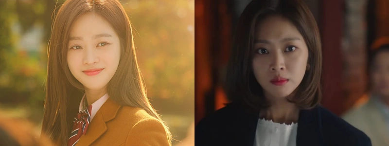 노란 동복 교복을 입고 웃고 있는 모습과 시간이 흘러 정장에 단발머리를 하고 있는 드라마 복수가 돌아왔다의 조보아