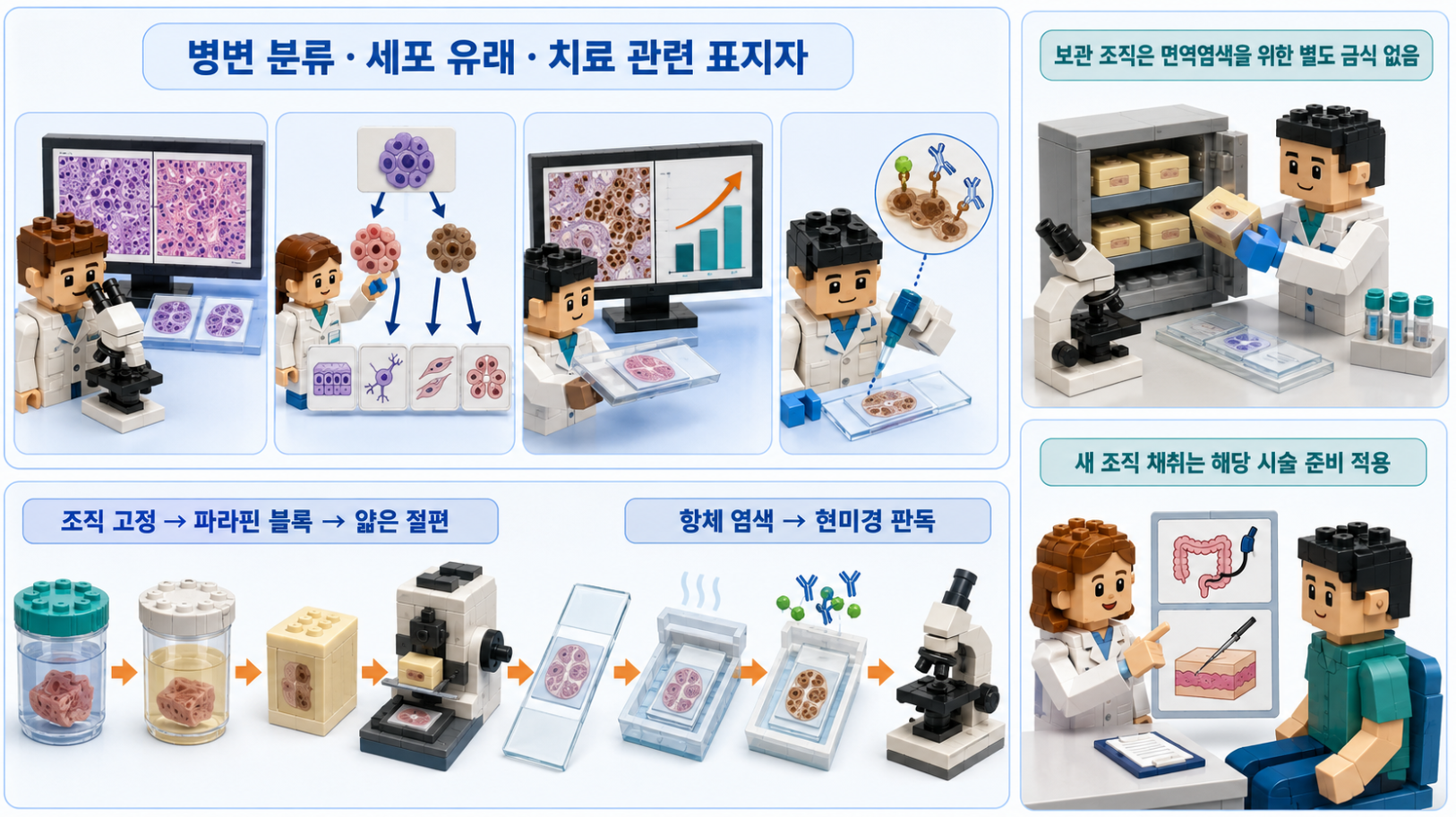 면역조직화학검사의 시행 목적과 조직 고정·파라핀 블록·항체 염색·현미경 판독 과정 및 검사 전 준비 구분