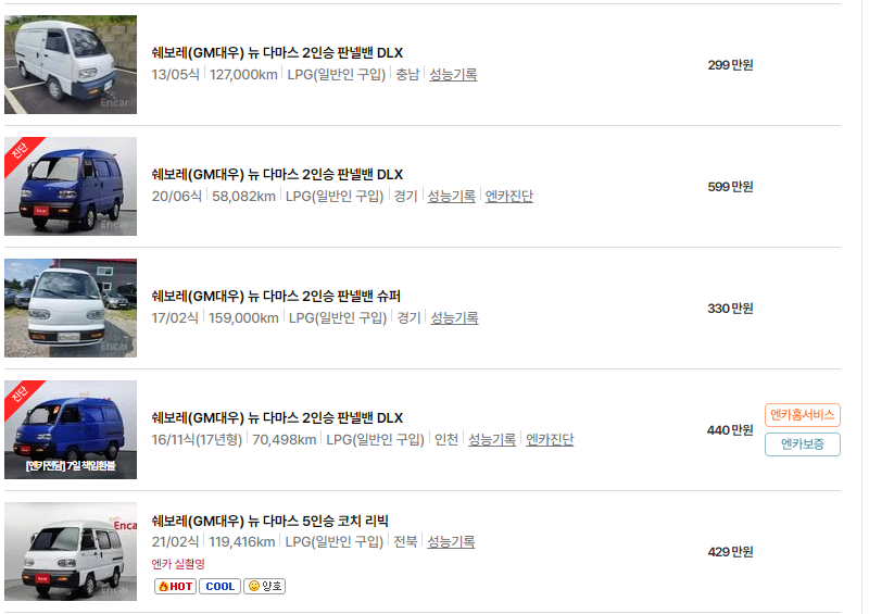 쉐보레 다마스 중고차 가격 시세표 24년 10월