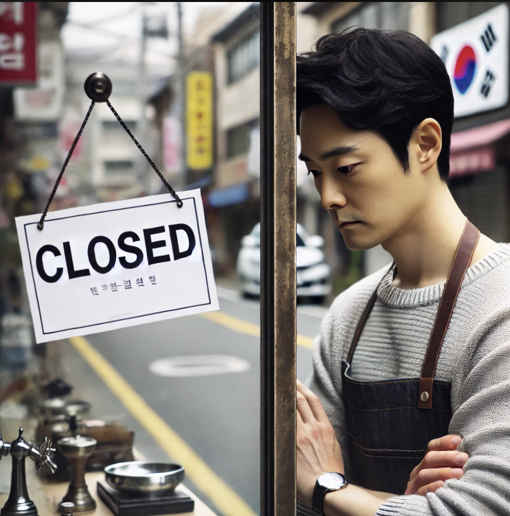 폐업한 가게 앞에서 걱정하는 사업주 모습.