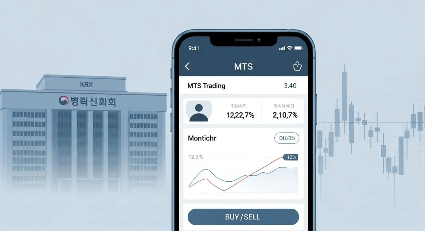 스마트폰으로 주식 앱을 사용하여 한국거래소에 접속해 주식을 거래하는 모습