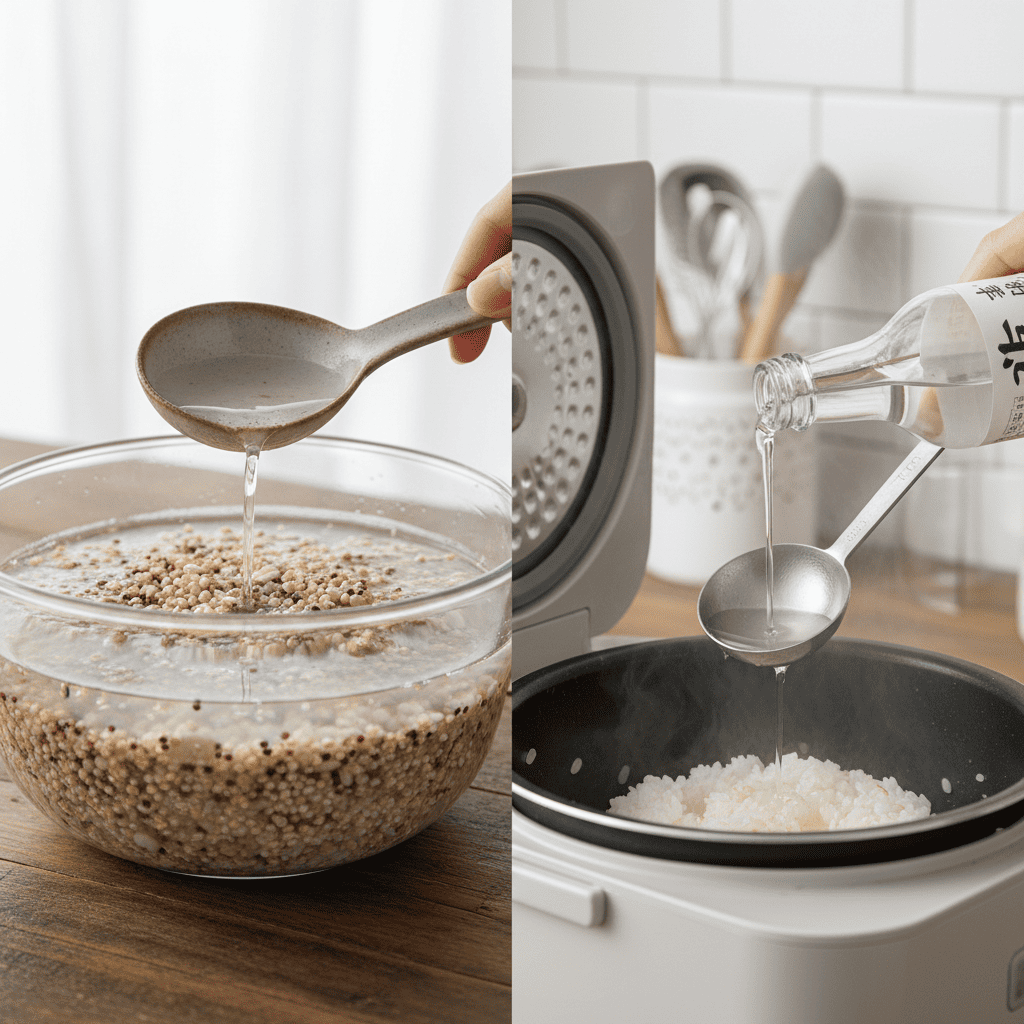 잡곡 2컵을 따뜻한 물에 담그고 2~3시간 불린 뒤, 취사 시 소주 1큰술 넣는 장면